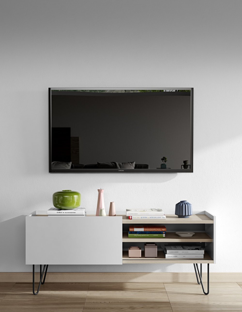 Meuble TV design NINA  Chêne clair et blanc